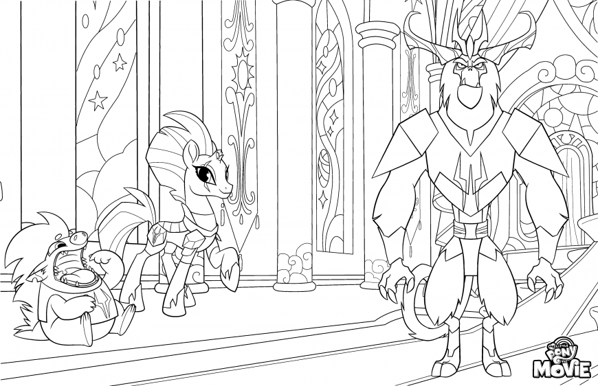 My Little Pony The Movie coloring page with Tempest Shadow, Grubber and king Storm