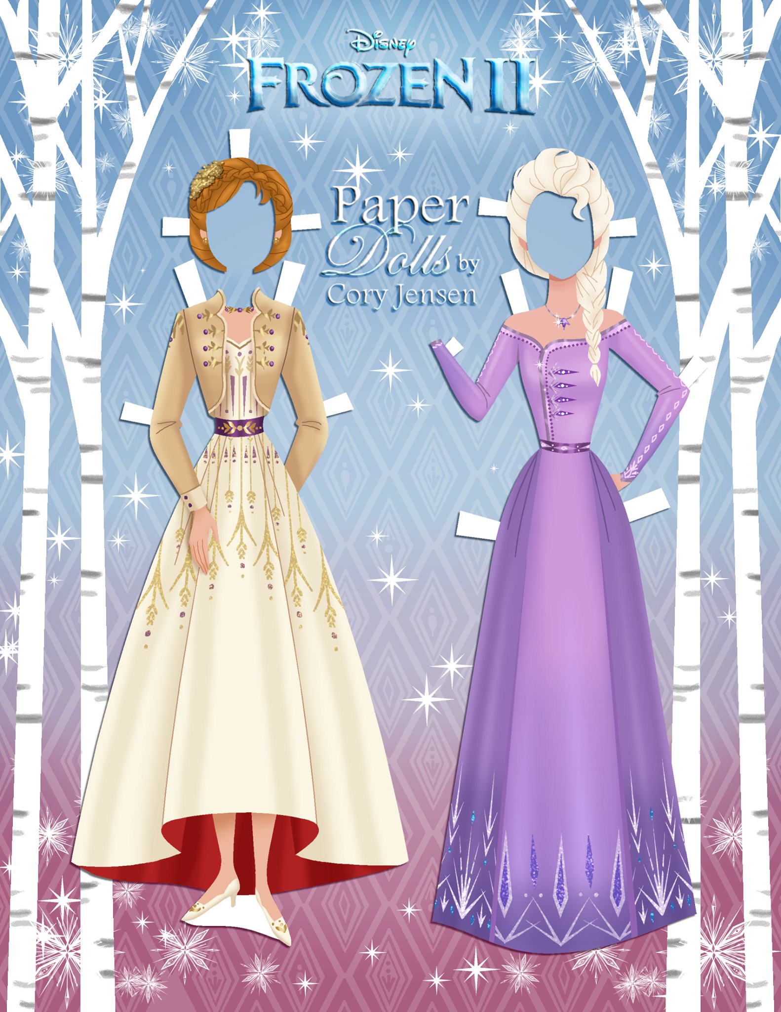Frozen 2 Elsa and Anna paper dolls with clothing and dresses from the movie