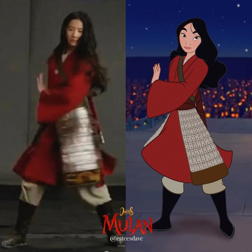 Mulan from animated movie in the outfits of Mulan 2020 live action
