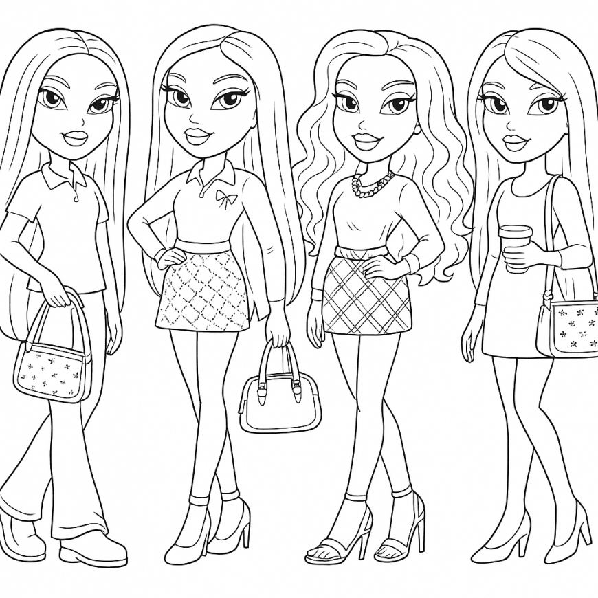 Bratz Mean Girls coloring pages with Cady, Karen, Gretchen and Regina
