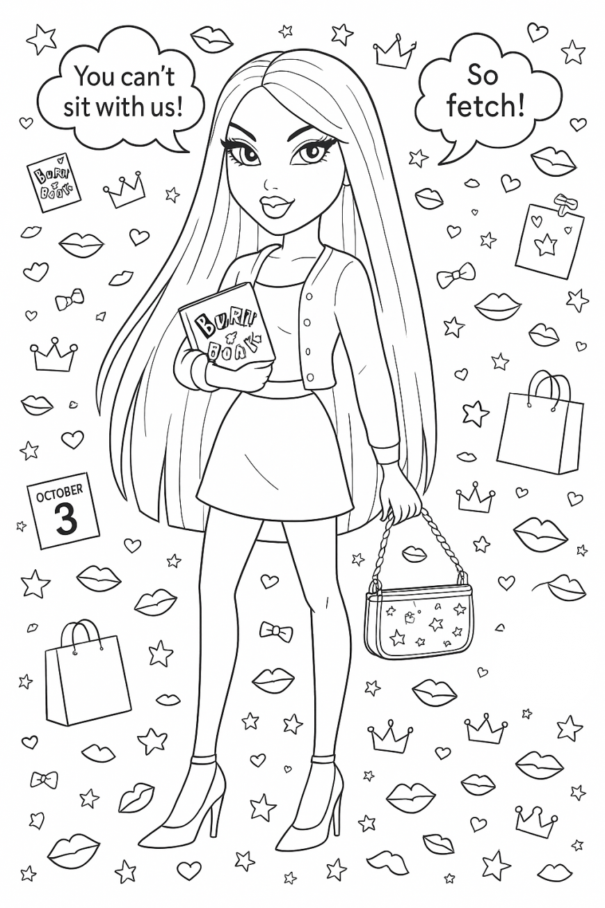 Bratz Mean Girls coloring pages with Cady, Karen, Gretchen and Regina