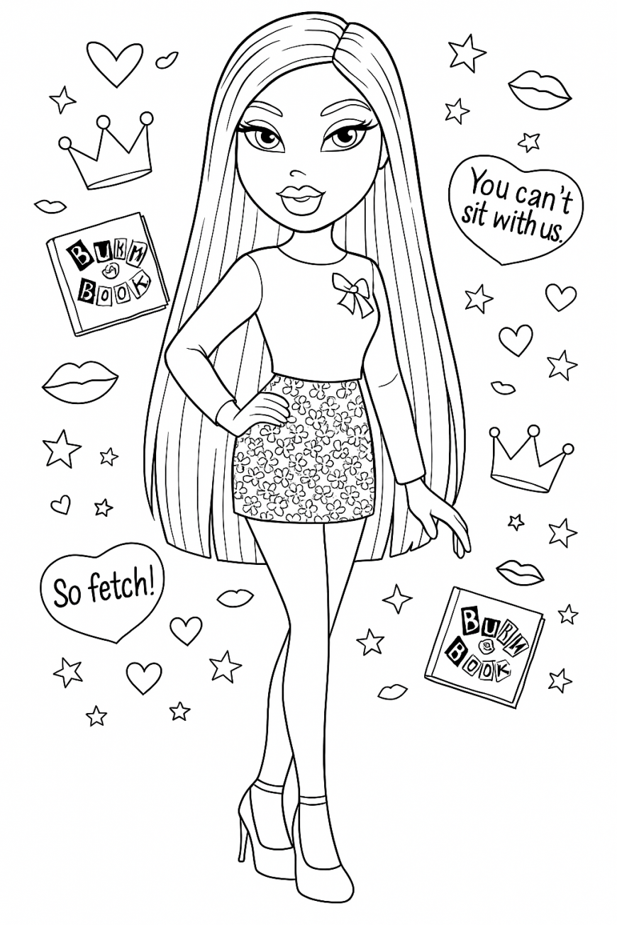 Bratz Mean Girls coloring pages with Cady, Karen, Gretchen and Regina