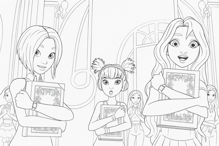 Winx Reboot Tecna, Musa, and Bloom in Alfea coloring page