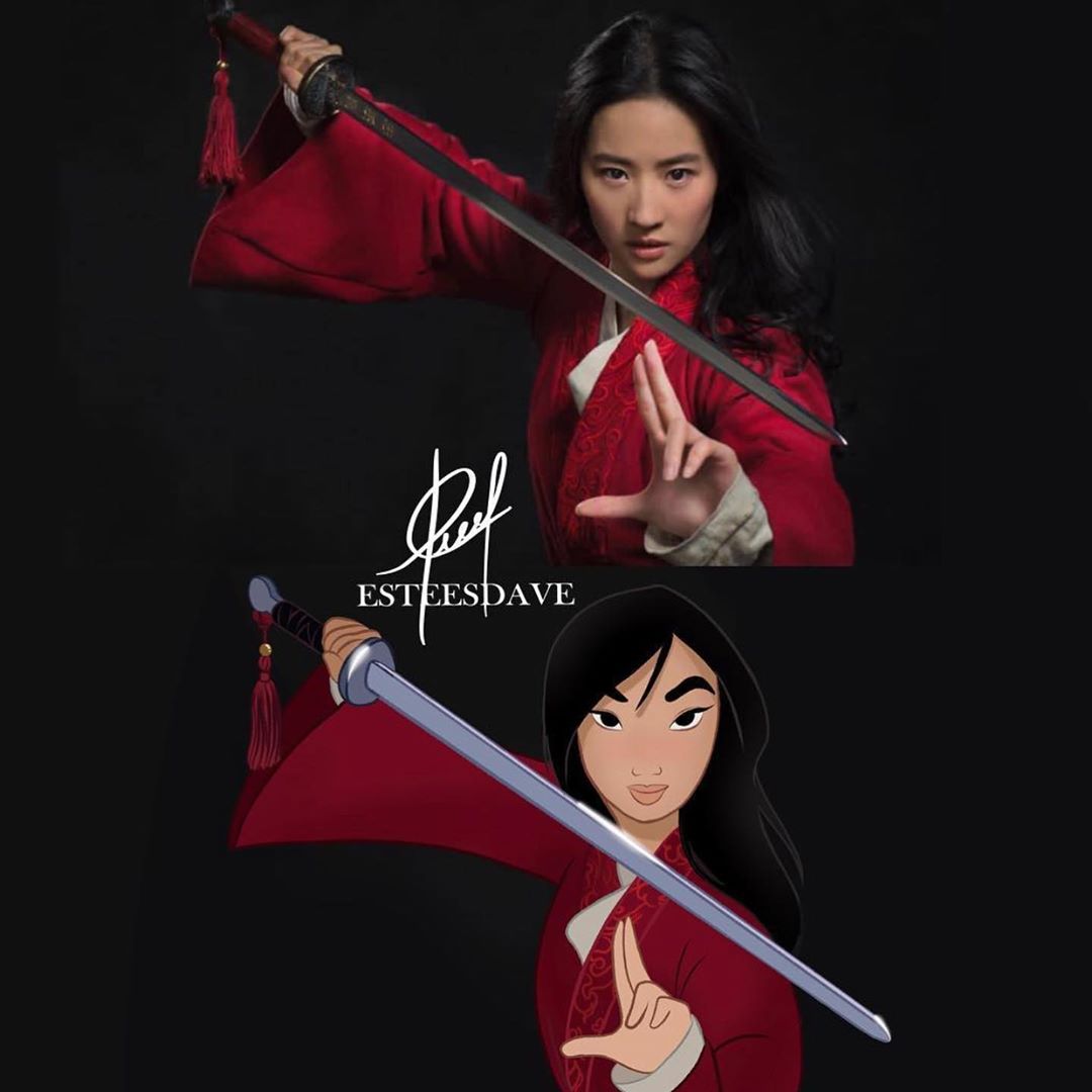 Mulan From Animated Movie In The Outfits Of Mulan 2020 Live Action Adaptation