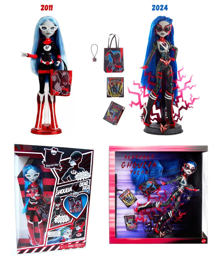 comparison of old and new 2024 Deadfast Ghoulia dolls