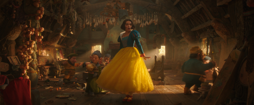 pictures from Snow White 2025 movie teaser with Snow White (Rachel Zegler), Evil Queen(Gal Gadot), prince, dwarfs and other characters