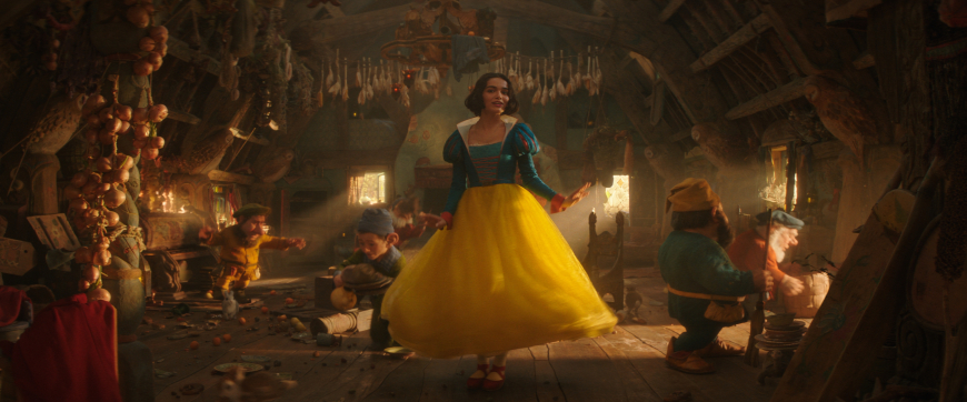 pictures from Snow White 2025 movie teaser with Snow White (Rachel Zegler), Evil Queen(Gal Gadot), prince, dwarfs and other characters