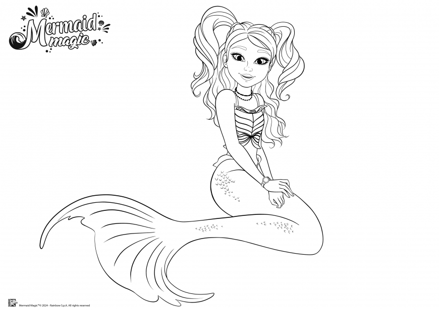 Mermaid Magic coloring pages with Merlinda, Nerissa and Sasha in their civilian and mermaid forms