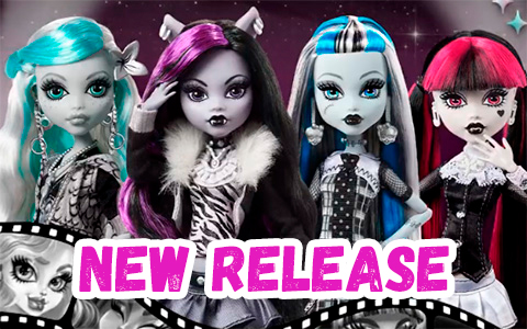 Monster High Reel Drama Black and White dolls wave 1 Frankie Stein, Draculaura, Clawdeen Wolf and Lagoona Blue